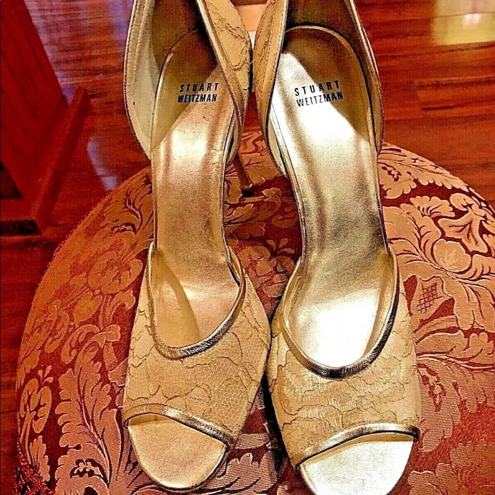Stuart Weitzman Gold Metallic Open Toe Pumps 10 M - image 1